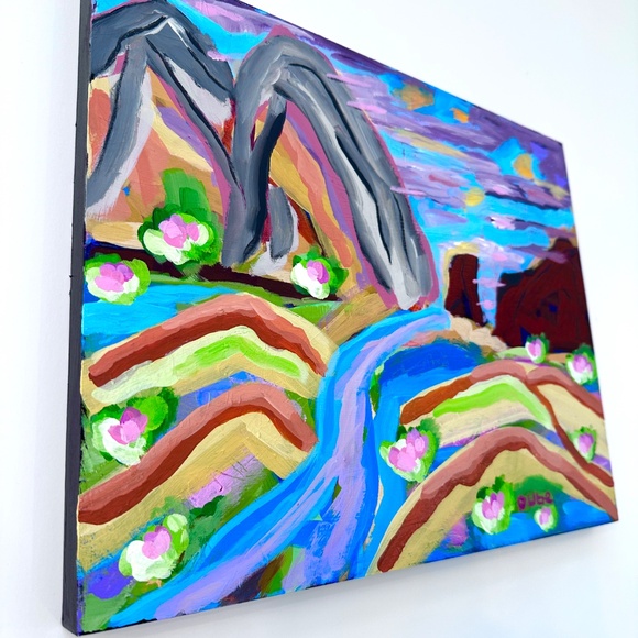 Original Painting Modern Impressionism Landscape River Mountains 11" x 14" Wood - Picture 3 of 10